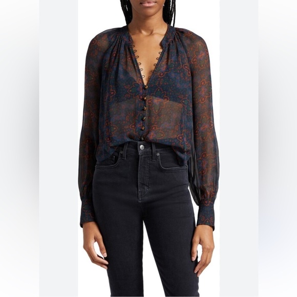 Veronica Beard Marion Print Romantic Silk Lux Blouse Sheer in Navy Multi NEW - Picture 1 of 16